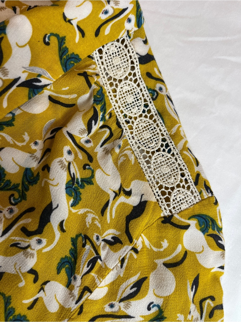 Maeve Anthropologie Shirt Womens 6 Yellow Rabbit Print Peplum Long Sleeve Ruffle - Picture 8 of 13